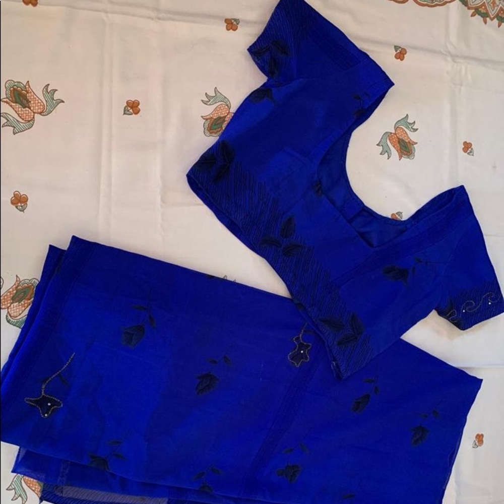 Blue Chiffon Sari with Black Floral Print